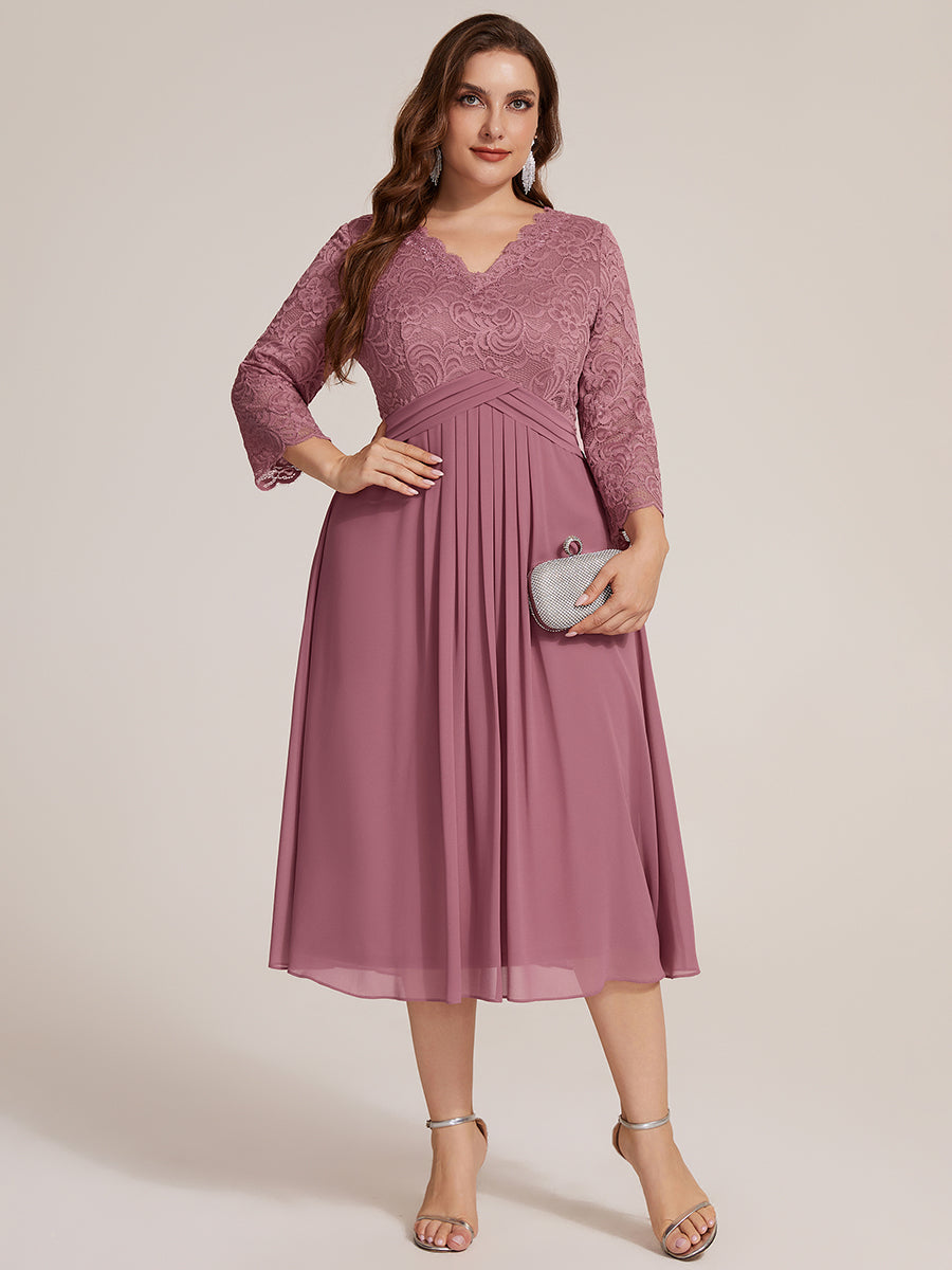 Color=Purple Orchid | One Stop Shop Three-Quarter Sleeve V-Neck Sheath Lace Trim Midi Wedding Guest Dresses-Purple Orchid 10