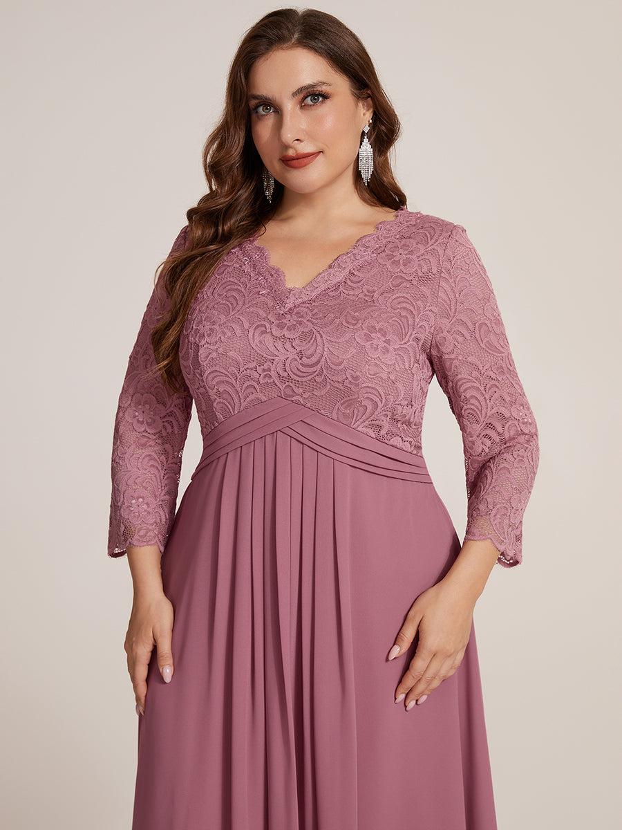 Color=Purple Orchid | One Stop Shop Three-Quarter Sleeve V-Neck Sheath Lace Trim Midi Wedding Guest Dresses-Purple Orchid 8