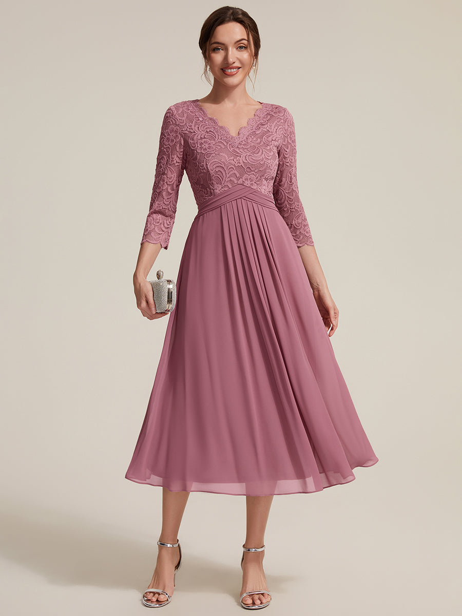 Color=Purple Orchid | One Stop Shop Three-Quarter Sleeve V-Neck Sheath Lace Trim Midi Wedding Guest Dresses-Purple Orchid 1