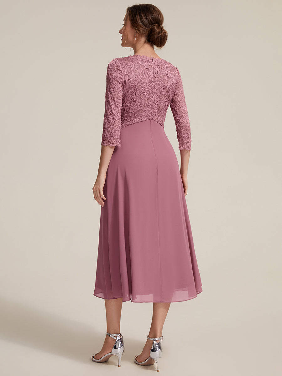 Color=Purple Orchid | One Stop Shop Three-Quarter Sleeve V-Neck Sheath Lace Trim Midi Wedding Guest Dresses-Purple Orchid 2