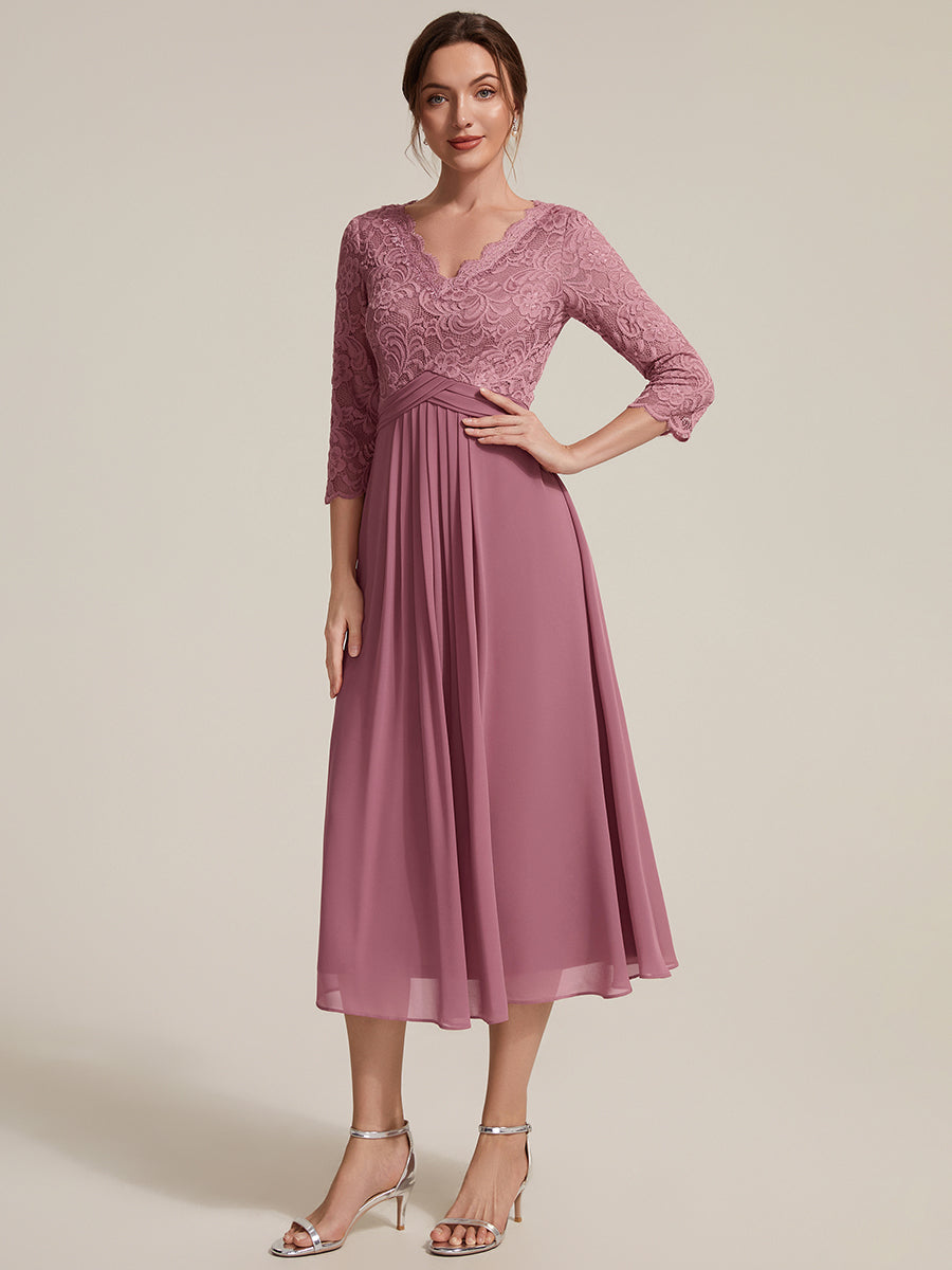 Color=Purple Orchid | One Stop Shop Three-Quarter Sleeve V-Neck Sheath Lace Trim Midi Wedding Guest Dresses-Purple Orchid 4