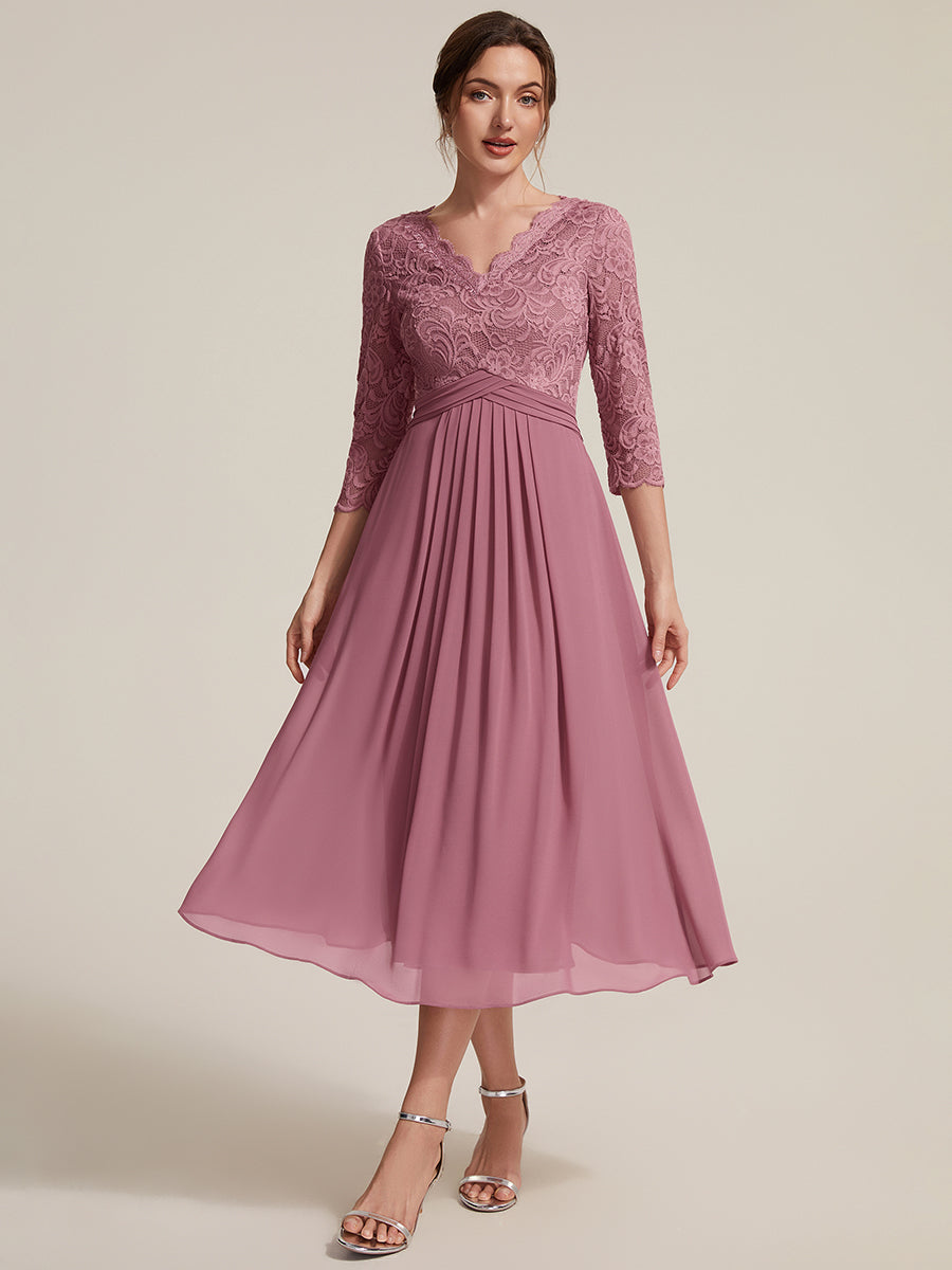 Color=Purple Orchid | One Stop Shop Three-Quarter Sleeve V-Neck Sheath Lace Trim Midi Wedding Guest Dresses-Purple Orchid 5