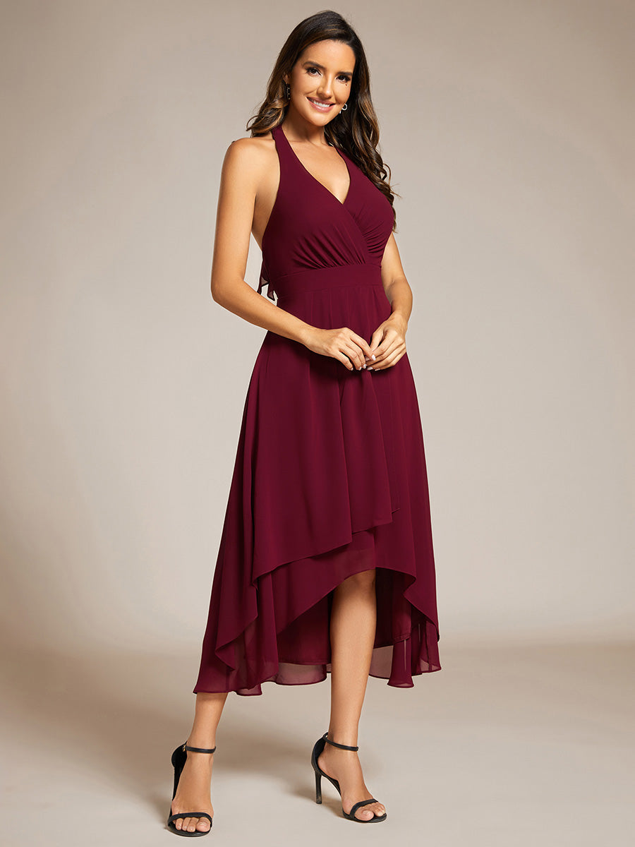 Color=Burgundy | Elegant Halter Neckline Bowknot Sleeveless Chiffon Dresses with Asymmetrical Hem-Burgundy 3