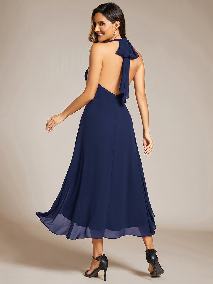 Color=Navy Blue | Elegant Halter Neckline Bowknot Sleeveless Chiffon Dresses with Asymmetrical Hem-Navy Blue 7