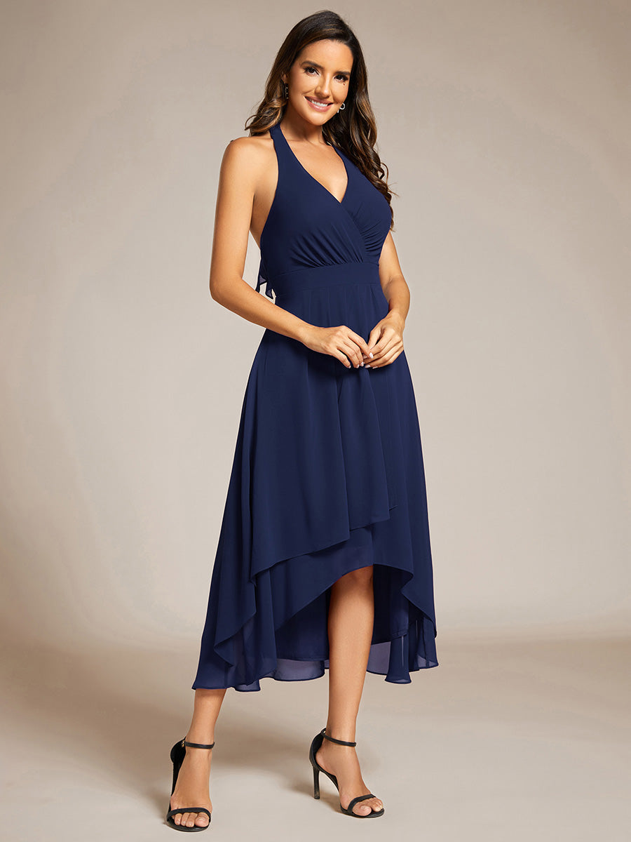Color=Navy Blue | Elegant Halter Neckline Bowknot Sleeveless Chiffon Dresses with Asymmetrical Hem-Navy Blue 8