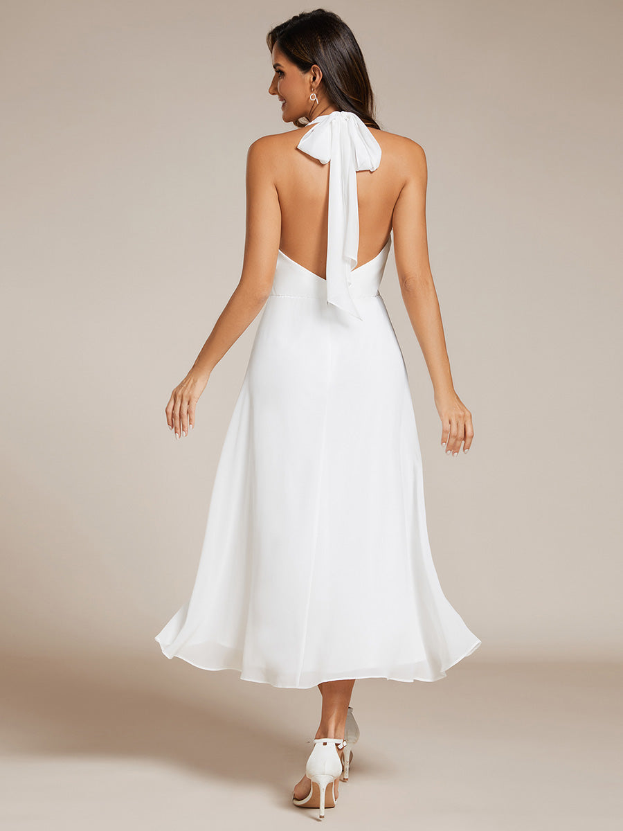 Color=White | Elegant Halter Neckline Bowknot Sleeveless Chiffon Dresses with Asymmetrical Hem-White 12