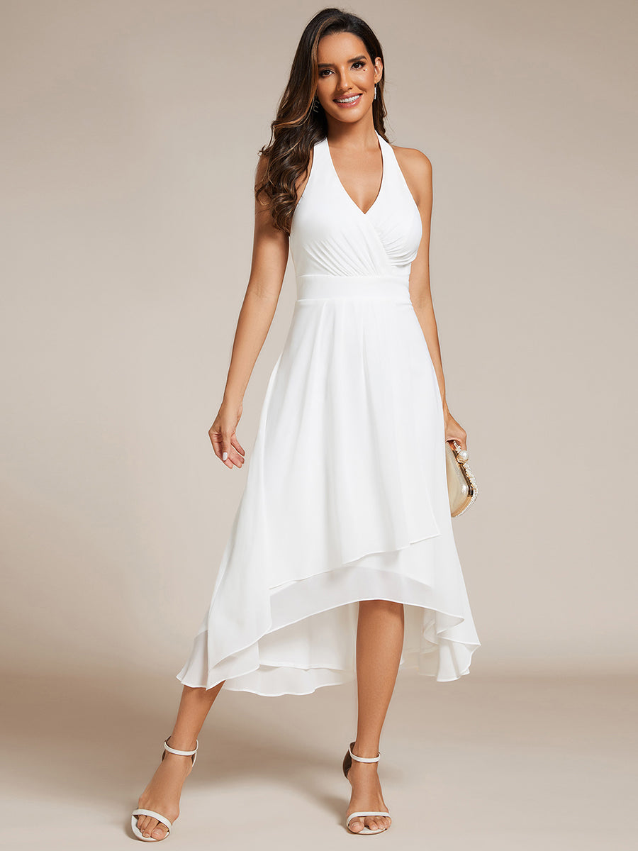 Color=White | Elegant Halter Neckline Bowknot Sleeveless Chiffon Dresses with Asymmetrical Hem-White 14