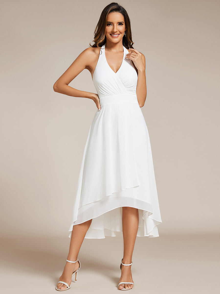 Color=White | Elegant Halter Neckline Bowknot Sleeveless Chiffon Dresses with Asymmetrical Hem-White 15