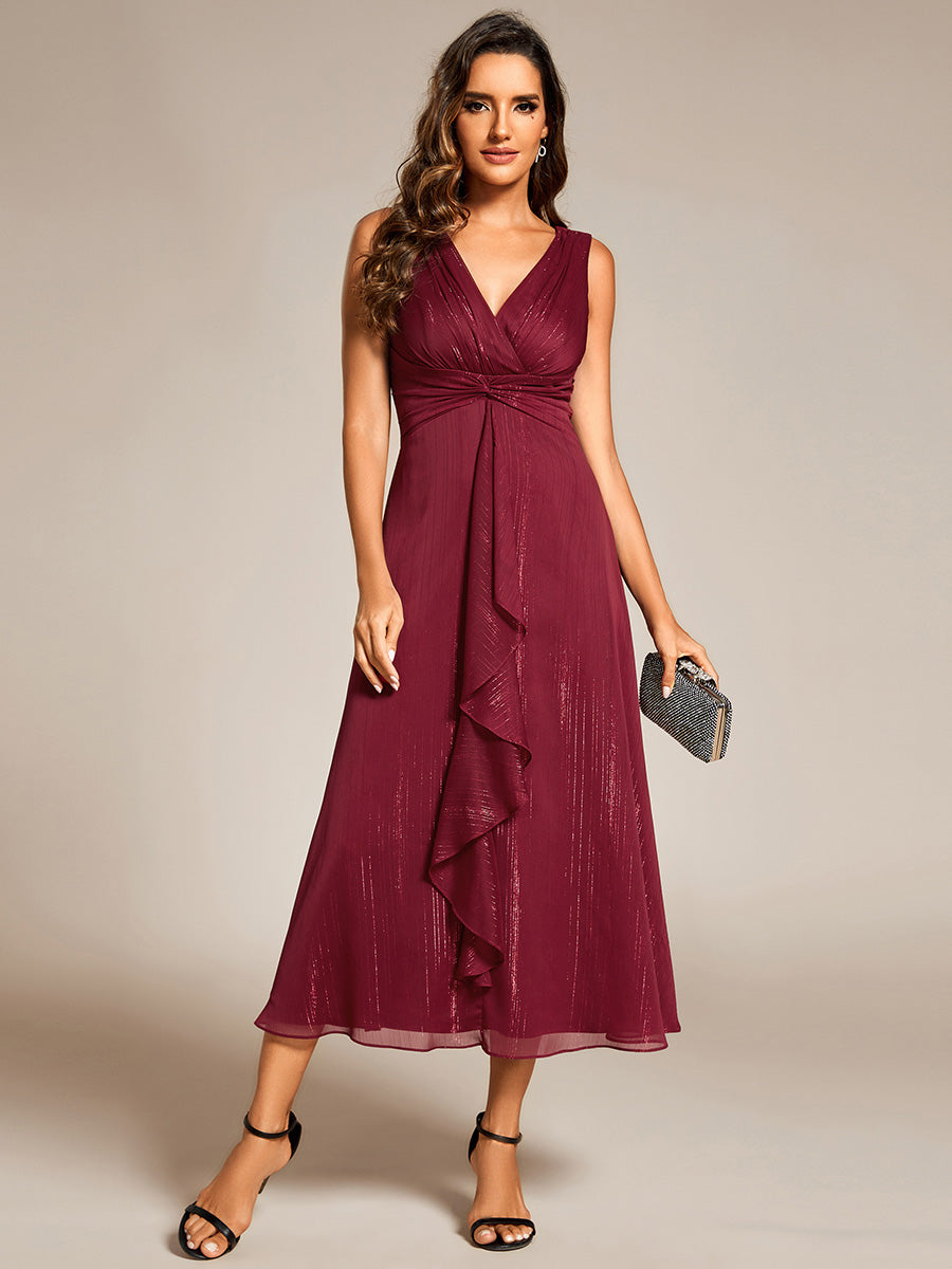 Elegant Shimmer Deep V Neck Empire Waist Kink Design Chiffon Dresses Tea length Lining Evening Dress Elegant Shimmer Deep V Neck Empire Waist Kink Design Chiffon Dresses Tea length Lining Evening Dress