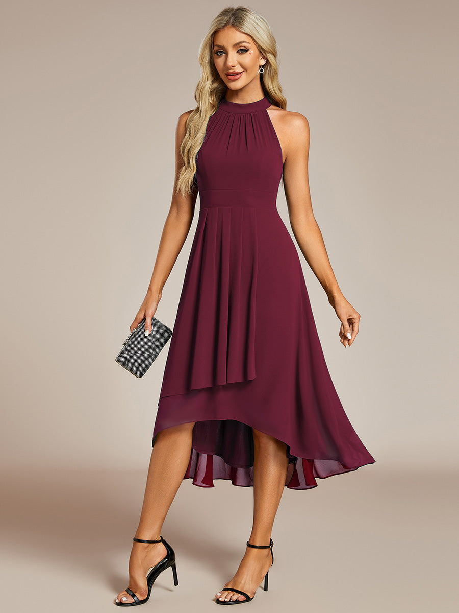 Color=Burgundy | Elegant Halter Neckline Asymmetric Midi Lining Length fold stream Empire Waist Chiffon Dresses-Burgundy 1