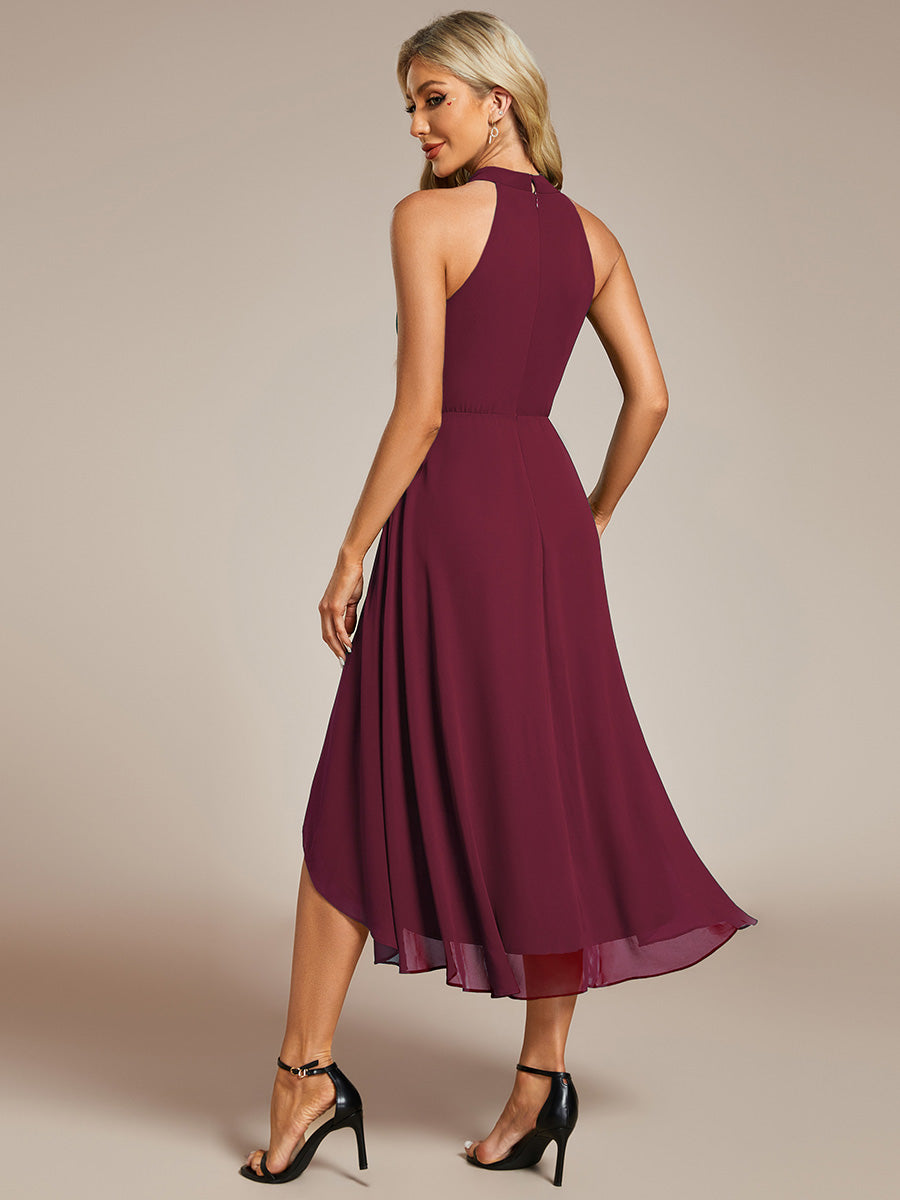 Color=Burgundy | Elegant Halter Neckline Asymmetric Midi Lining Length fold stream Empire Waist Chiffon Dresses-Burgundy 2