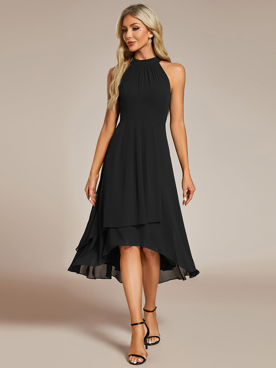 Color=Black | Elegant Halter Neckline Asymmetric Midi Lining Length fold stream Empire Waist Chiffon Dresses-Black 3