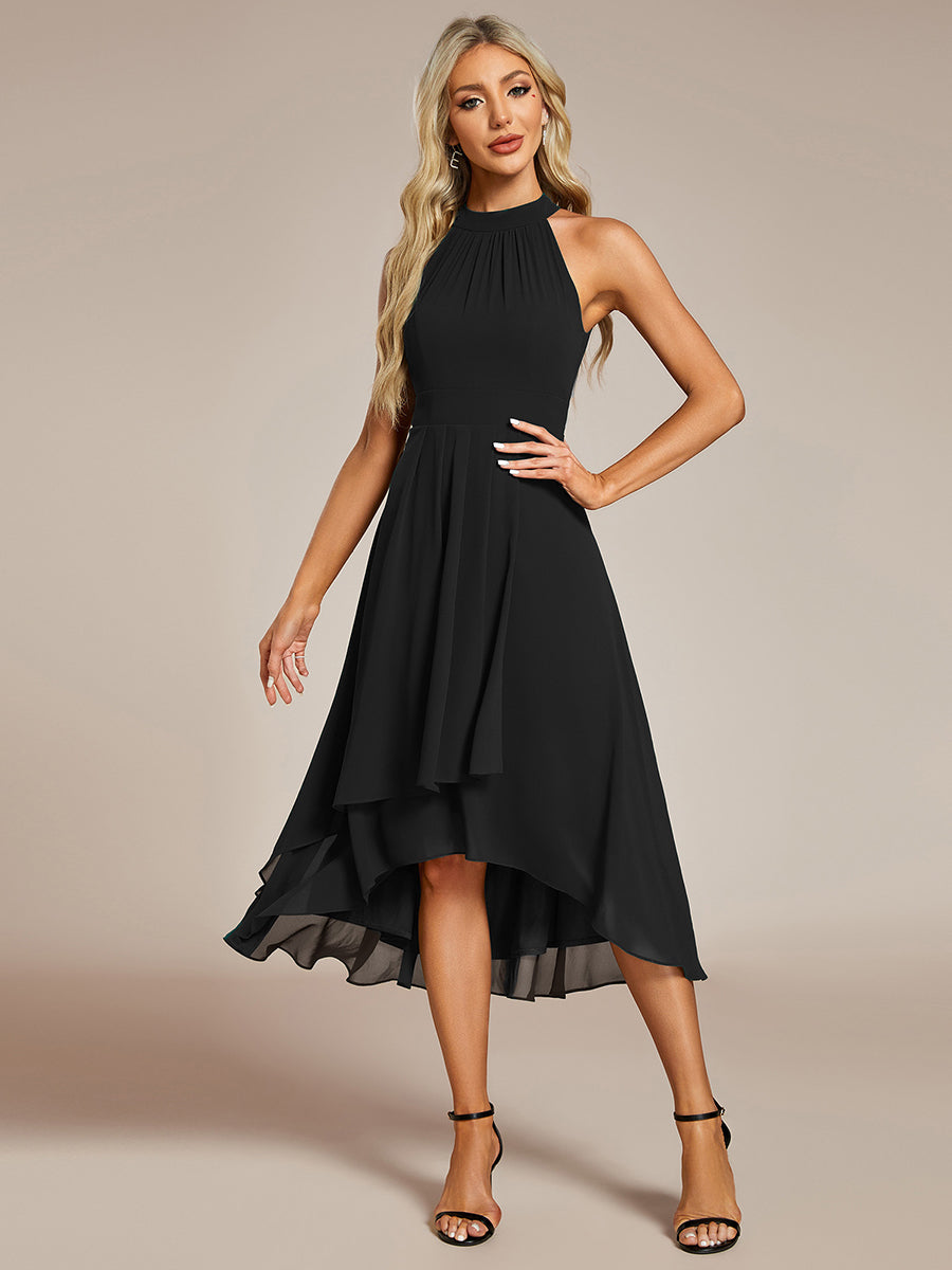 Color=Black | Elegant Halter Neckline Asymmetric Midi Lining Length fold stream Empire Waist Chiffon Dresses-Black 4