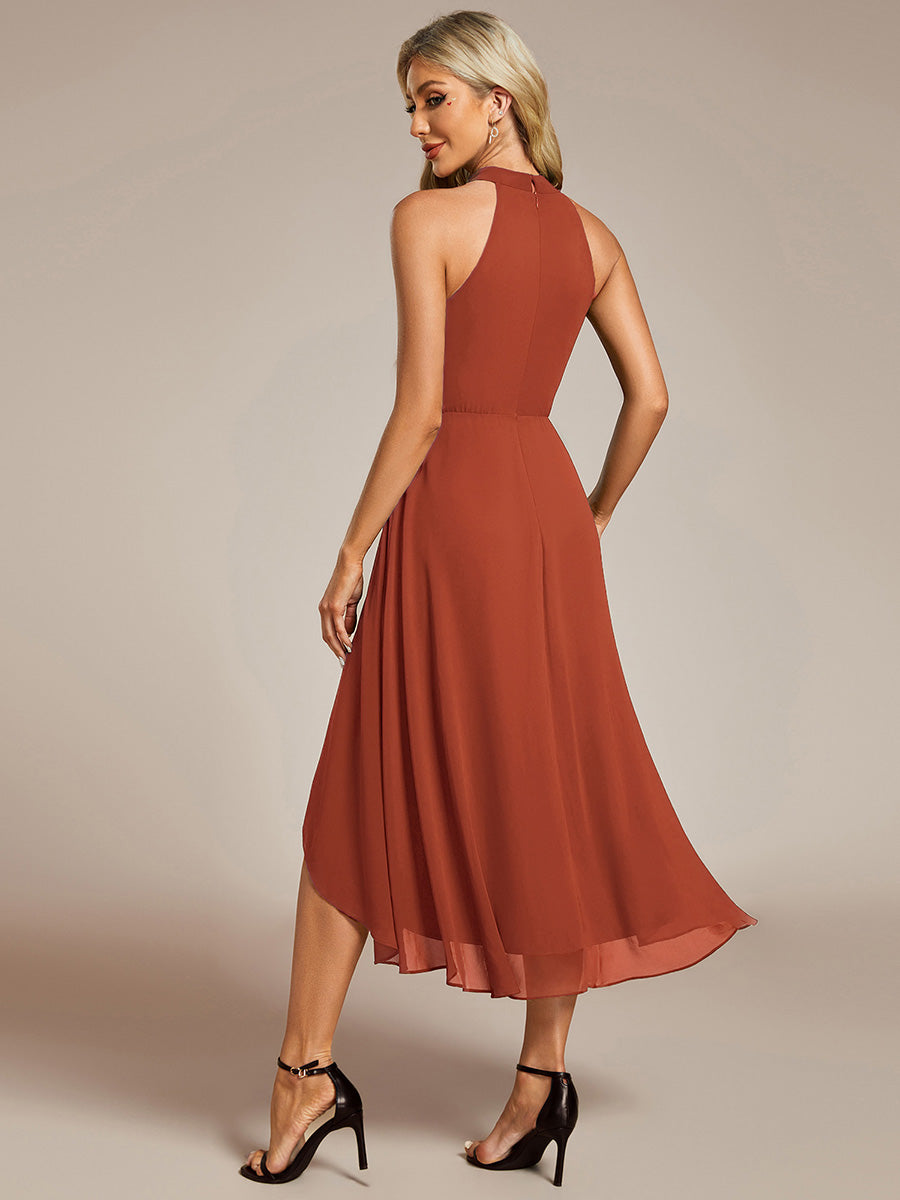 Color=Burnt Orange | Elegant Halter Neckline Asymmetric Midi Lining Length fold stream Empire Waist Chiffon Dresses-Burnt Orange 2