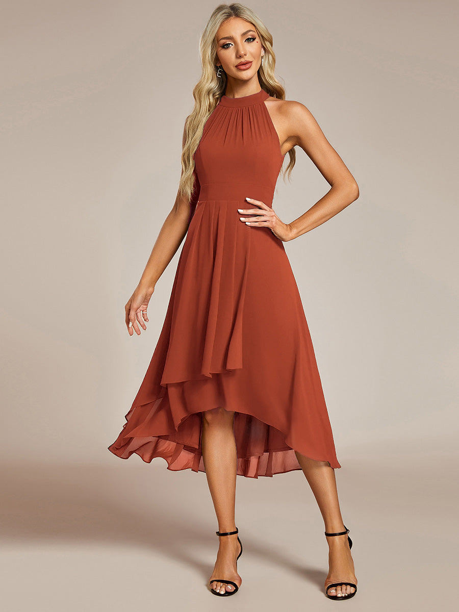Color=Burnt Orange | Elegant Halter Neckline Asymmetric Midi Lining Length fold stream Empire Waist Chiffon Dresses-Burnt Orange 4