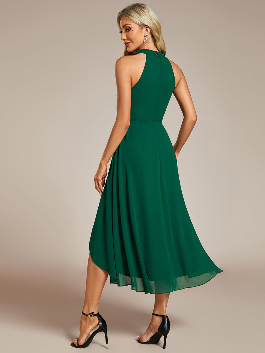 Color=Dark Green | Elegant Halter Neckline Asymmetric Midi Lining Length fold stream Empire Waist Chiffon Dresses-Dark Green 2