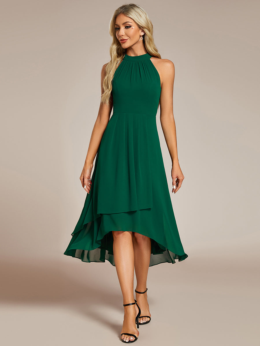 Color=Dark Green | Elegant Halter Neckline Asymmetric Midi Lining Length fold stream Empire Waist Chiffon Dresses-Dark Green 3