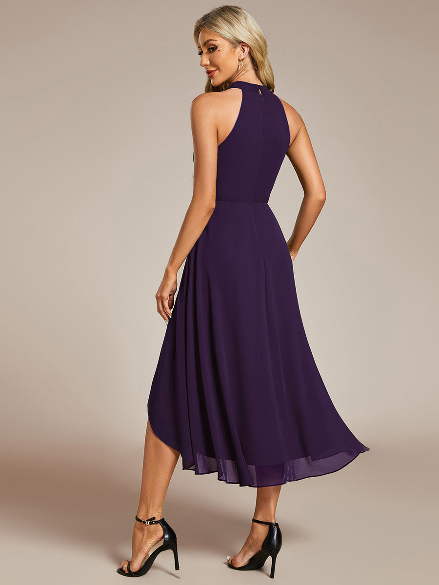 Color=Dark Purple | Elegant Halter Neckline Asymmetric Midi Lining Length fold stream Empire Waist Chiffon Dresses-Dark Purple 2