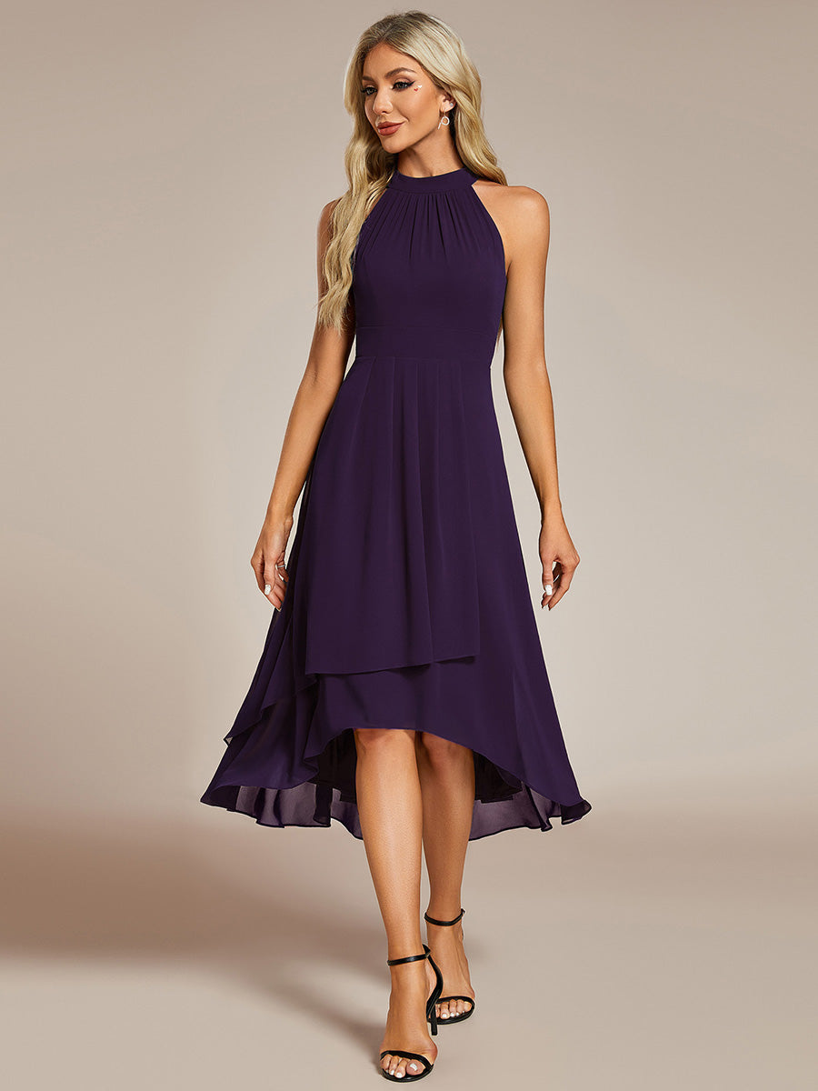 Color=Dark Purple | Elegant Halter Neckline Asymmetric Midi Lining Length fold stream Empire Waist Chiffon Dresses-Dark Purple 3