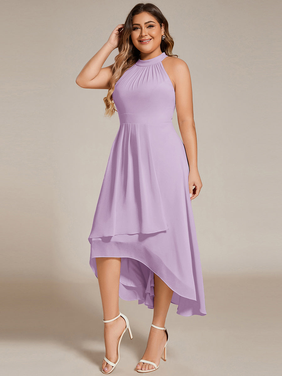 Color=Frosted Lilac | Factory Design Halter Neck Sleeveless Gathered A-Line High-Low Wedding Guest Dresses-Frosted Lilac 9