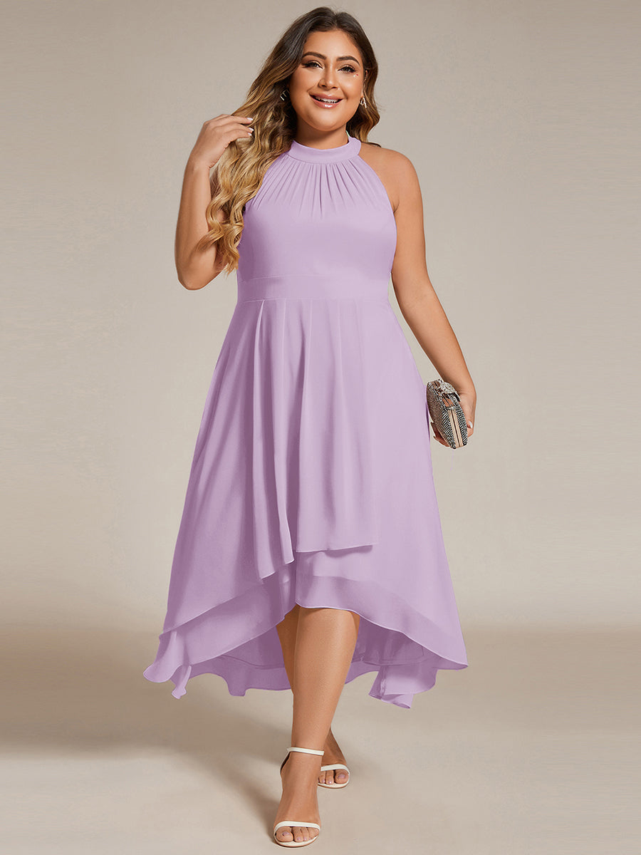 Color=Frosted Lilac | Factory Design Halter Neck Sleeveless Gathered A-Line High-Low Wedding Guest Dresses-Frosted Lilac 10