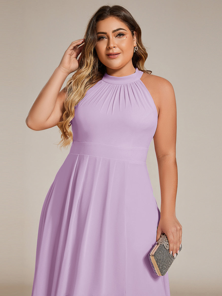 Color=Frosted Lilac | Factory Design Halter Neck Sleeveless Gathered A-Line High-Low Wedding Guest Dresses-Frosted Lilac 8