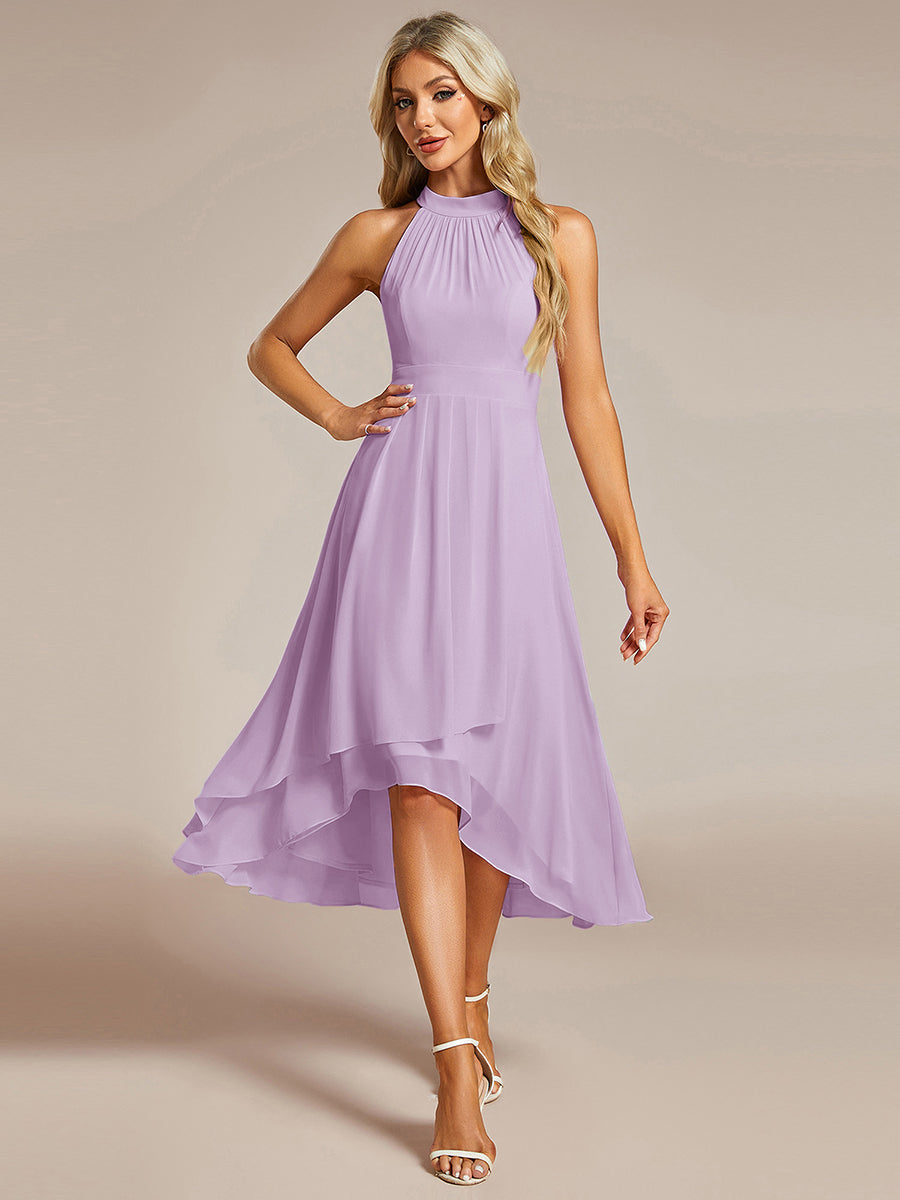 Color=Frosted Lilac | Factory Design Halter Neck Sleeveless Gathered A-Line High-Low Wedding Guest Dresses-Frosted Lilac 1