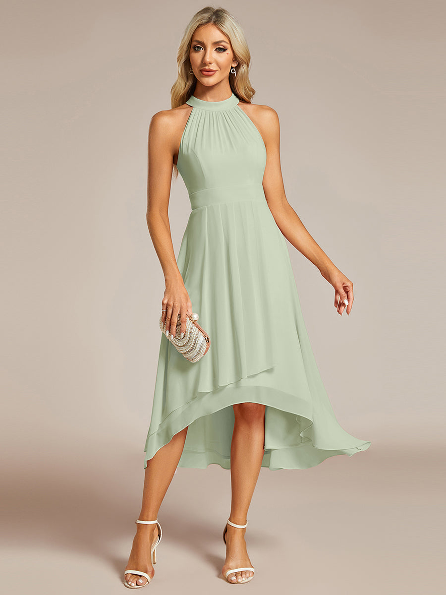 Color=Mint Green | Elegant Halter Neckline Asymmetric Midi Lining Length fold stream Empire Waist Chiffon Dresses-Mint Green 4