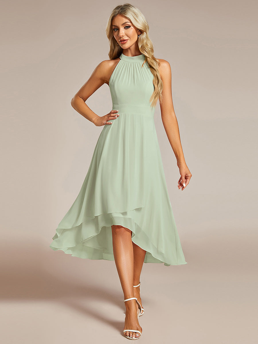 Color=Mint Green | Elegant Halter Neckline Asymmetric Midi Lining Length fold stream Empire Waist Chiffon Dresses-Mint Green 1