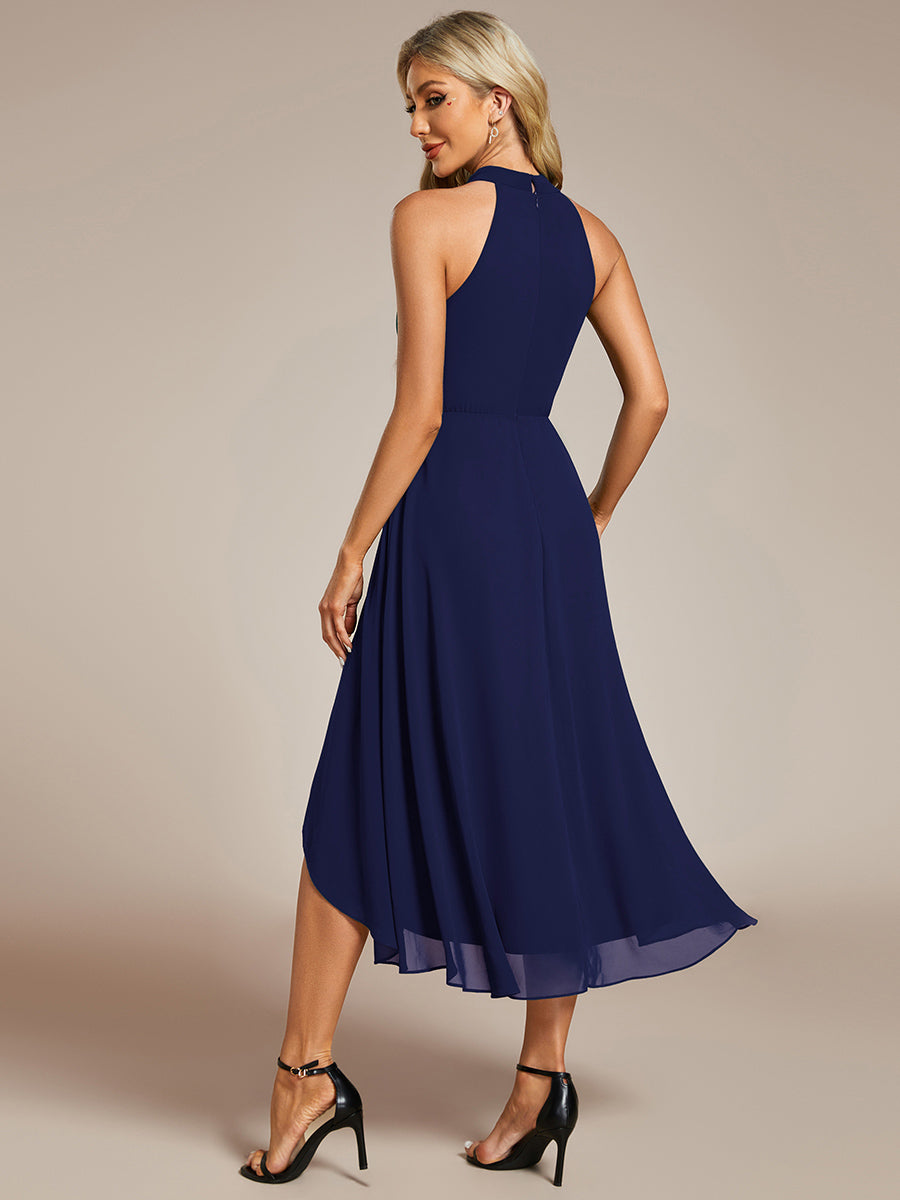 Color=Navy Blue | Elegant Halter Neckline Asymmetric Midi Lining Length fold stream Empire Waist Chiffon Dresses-Navy Blue 2