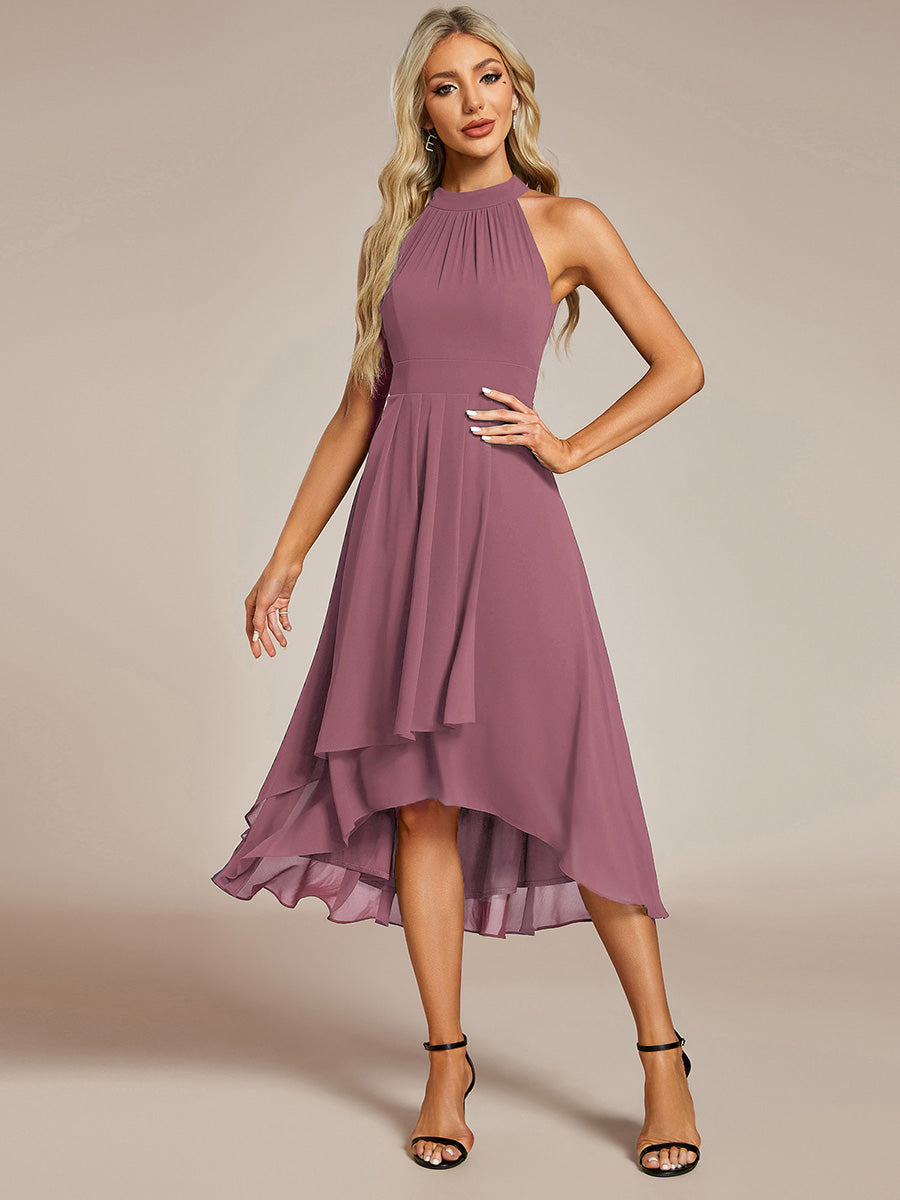 Color=Purple Orchid | Elegant Halter Neckline Asymmetric Midi Lining Length fold stream Empire Waist Chiffon Dresses-Purple Orchid 4