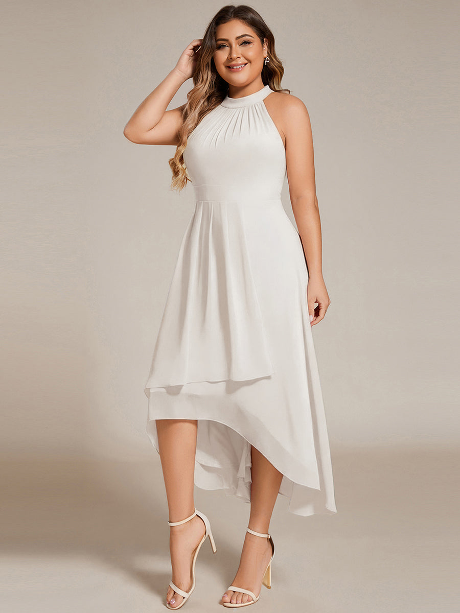 Color=White | B2B-Exclusive Halter Neck Sleeveless Gathered A-Line High-Low Wedding Guest Dresses-White 9