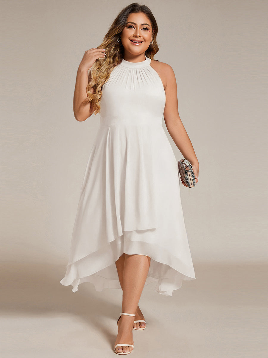 Color=White | B2B-Exclusive Halter Neck Sleeveless Gathered A-Line High-Low Wedding Guest Dresses-White 10
