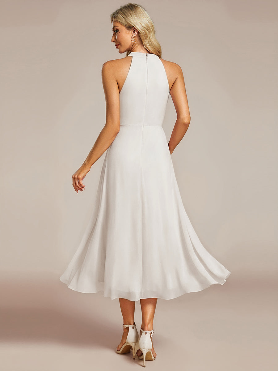 Color=White | Elegant Halter Neckline Asymmetric Midi Lining Length fold stream Empire Waist Chiffon Dresses-White 2