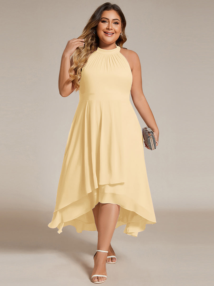 Color=Yellow | Factory Design Halter Neck Sleeveless Gathered A-Line High-Low Wedding Guest Dresses-Yellow 30