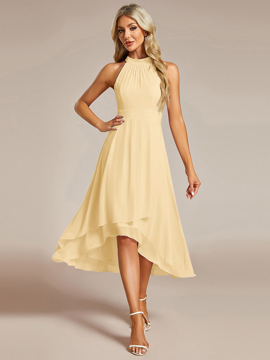 Color=Yellow | Elegant Halter Neckline Asymmetric Midi Lining Length fold stream Empire Waist Chiffon Dresses-Yellow 1