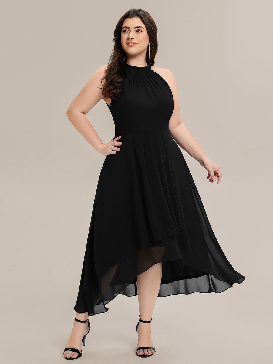 Color=Black | Wholesale Sleeveless Halter Neck Gathered A-Line High-Low Wedding Guest Dresses-Black 9