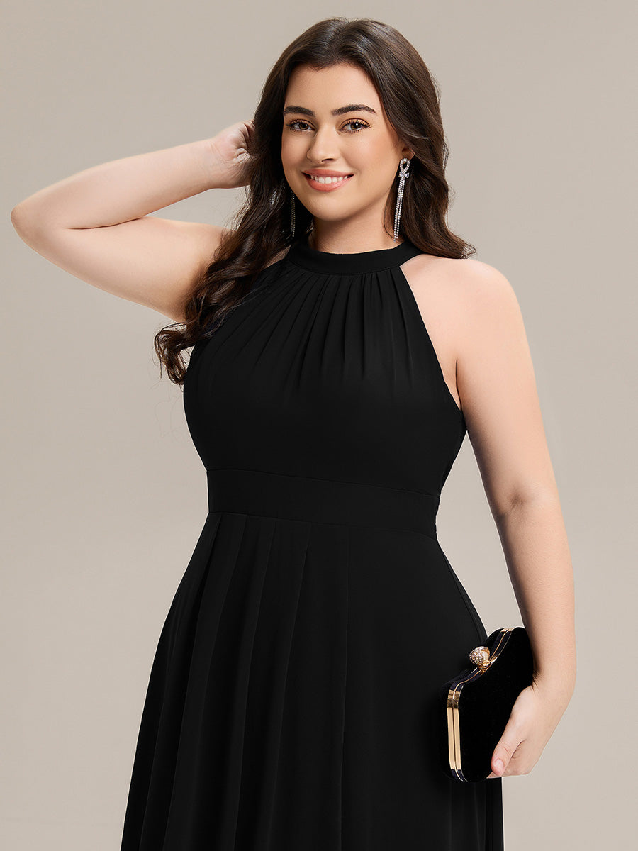 Color=Black | Wholesale Sleeveless Halter Neck Gathered A-Line High-Low Wedding Guest Dresses-Black 8