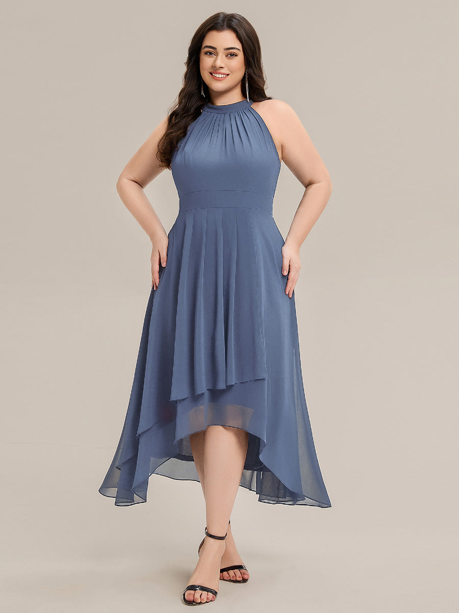 Color=Dusty Blue | Wholesale Sleeveless Halter Neck Gathered A-Line High-Low Wedding Guest Dresses-Dusty Blue 16