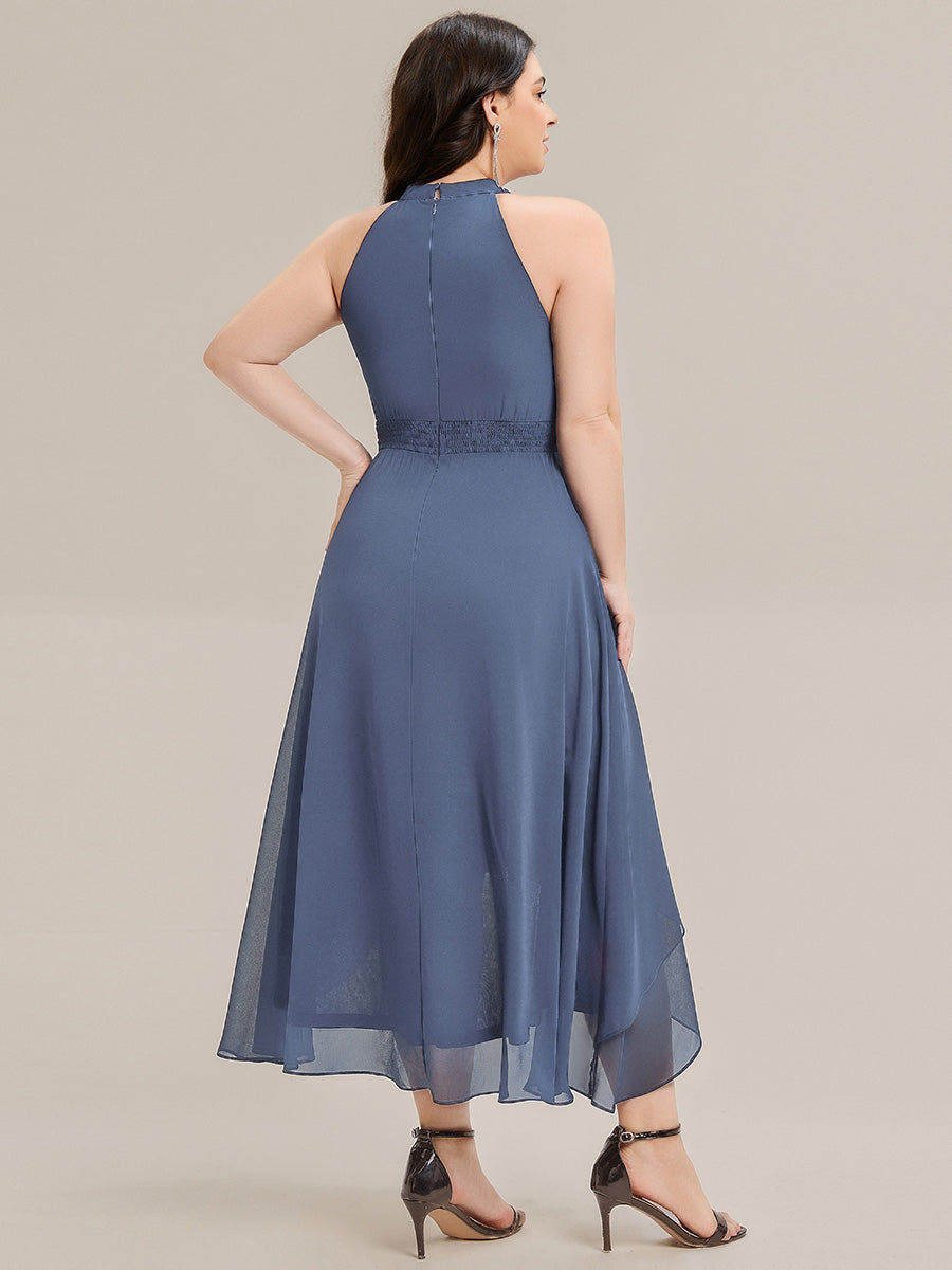 Color=Dusty Blue | Wholesale Sleeveless Halter Neck Gathered A-Line High-Low Wedding Guest Dresses-Dusty Blue 17