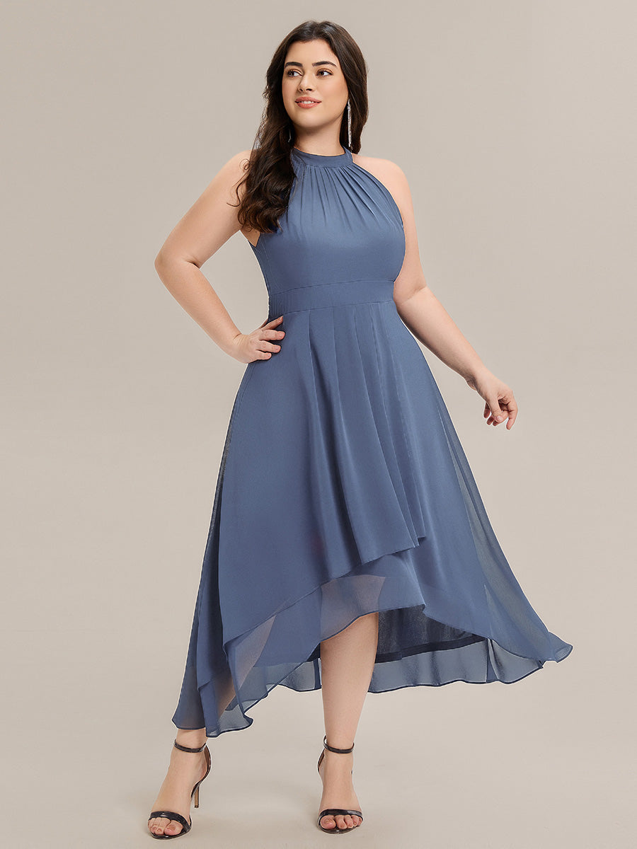 Color=Dusty Blue | Wholesale Sleeveless Halter Neck Gathered A-Line High-Low Wedding Guest Dresses-Dusty Blue 19