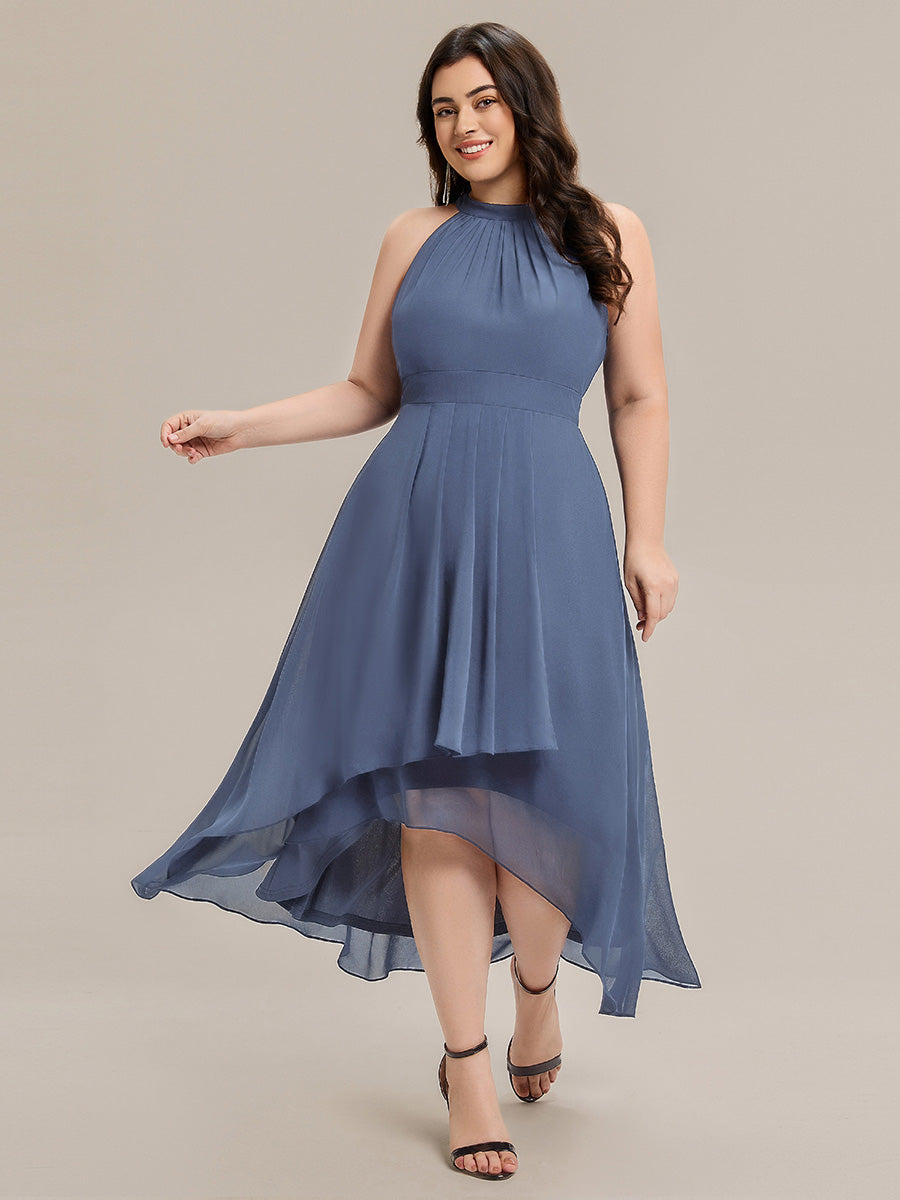 Color=Dusty Blue | Wholesale Sleeveless Halter Neck Gathered A-Line High-Low Wedding Guest Dresses-Dusty Blue 20