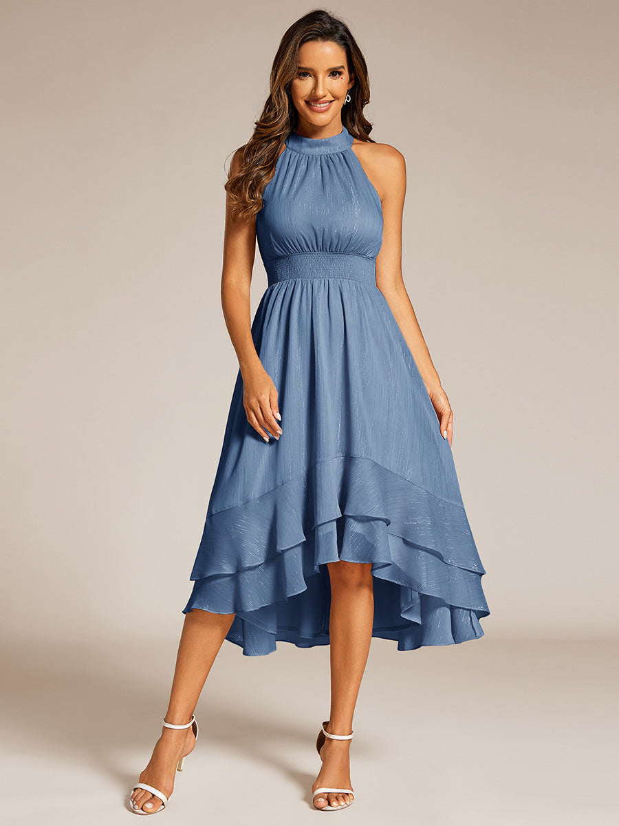 Color=Dusty Blue | Elegant laceable Halter Neckline Knee Length Chiffon Dresses Asymmetrical Lotus Hem-Dusty Blue 11