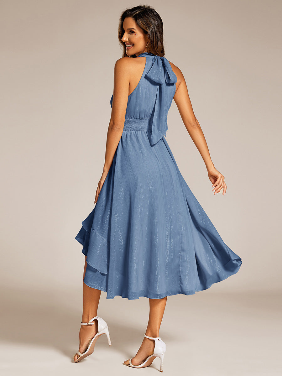 Color=Dusty Blue | Elegant laceable Halter Neckline Knee Length Chiffon Dresses Asymmetrical Lotus Hem-Dusty Blue 12