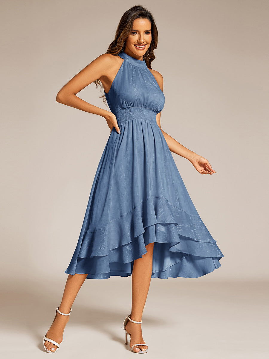 Color=Dusty Blue | Elegant laceable Halter Neckline Knee Length Chiffon Dresses Asymmetrical Lotus Hem-Dusty Blue 13
