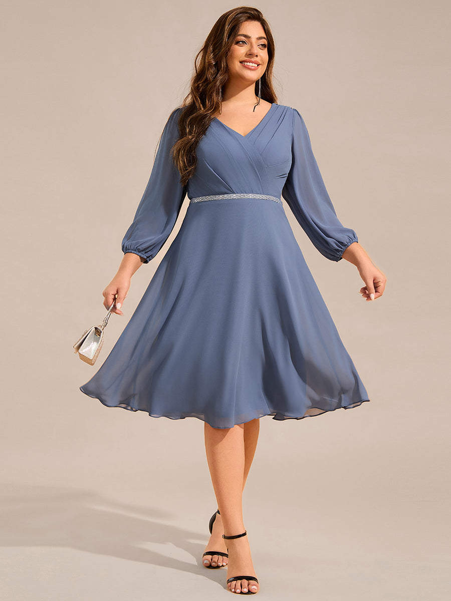 Color=Dusty Blue | Plus Size Elegant Midi Length Long Lantern Sleeves Chiffon Wedding Guest Dresses-Dusty Blue 1