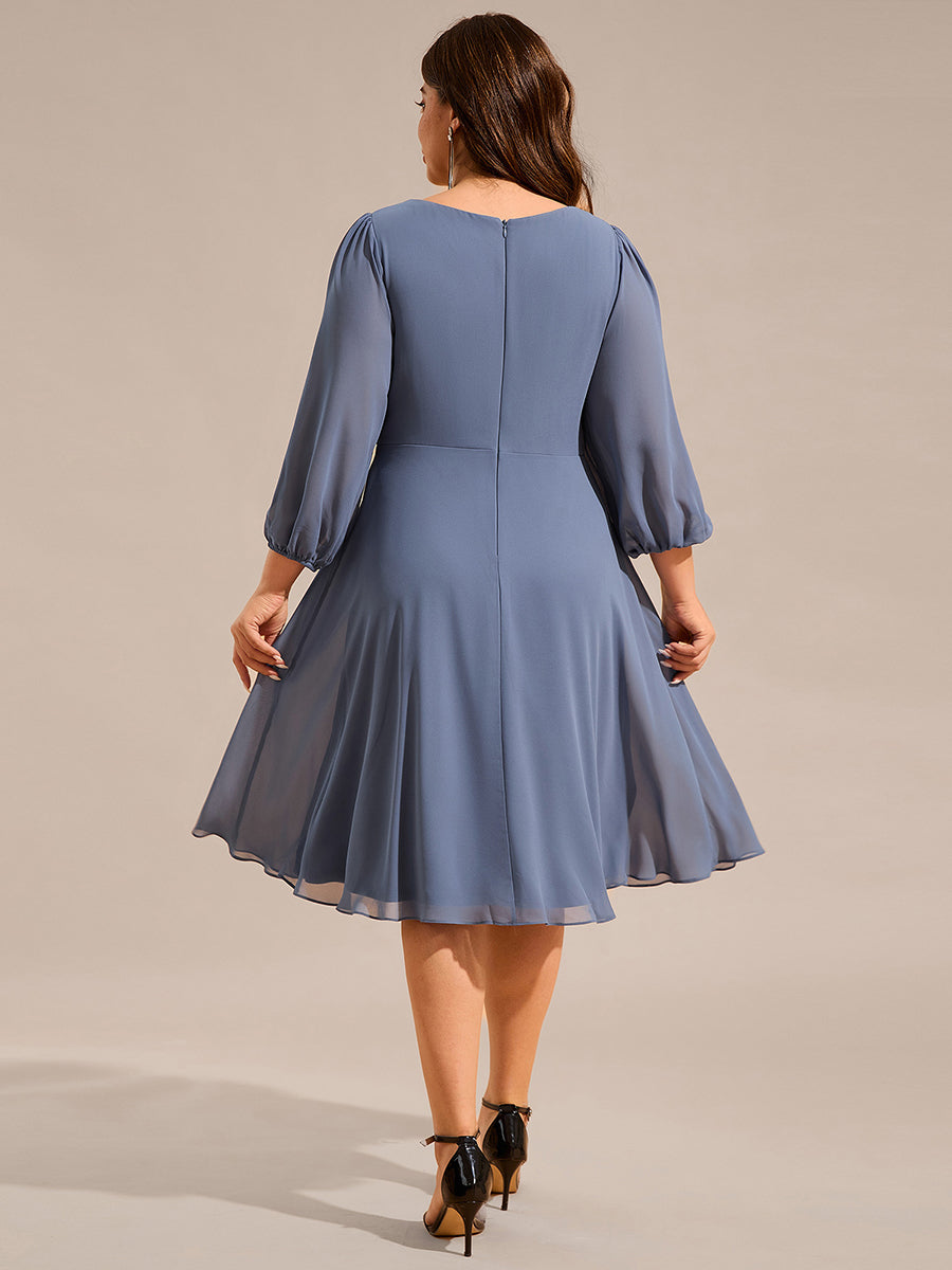 Color=Dusty Blue | Plus Size Elegant Midi Length Long Lantern Sleeves Chiffon Wedding Guest Dresses-Dusty Blue 2
