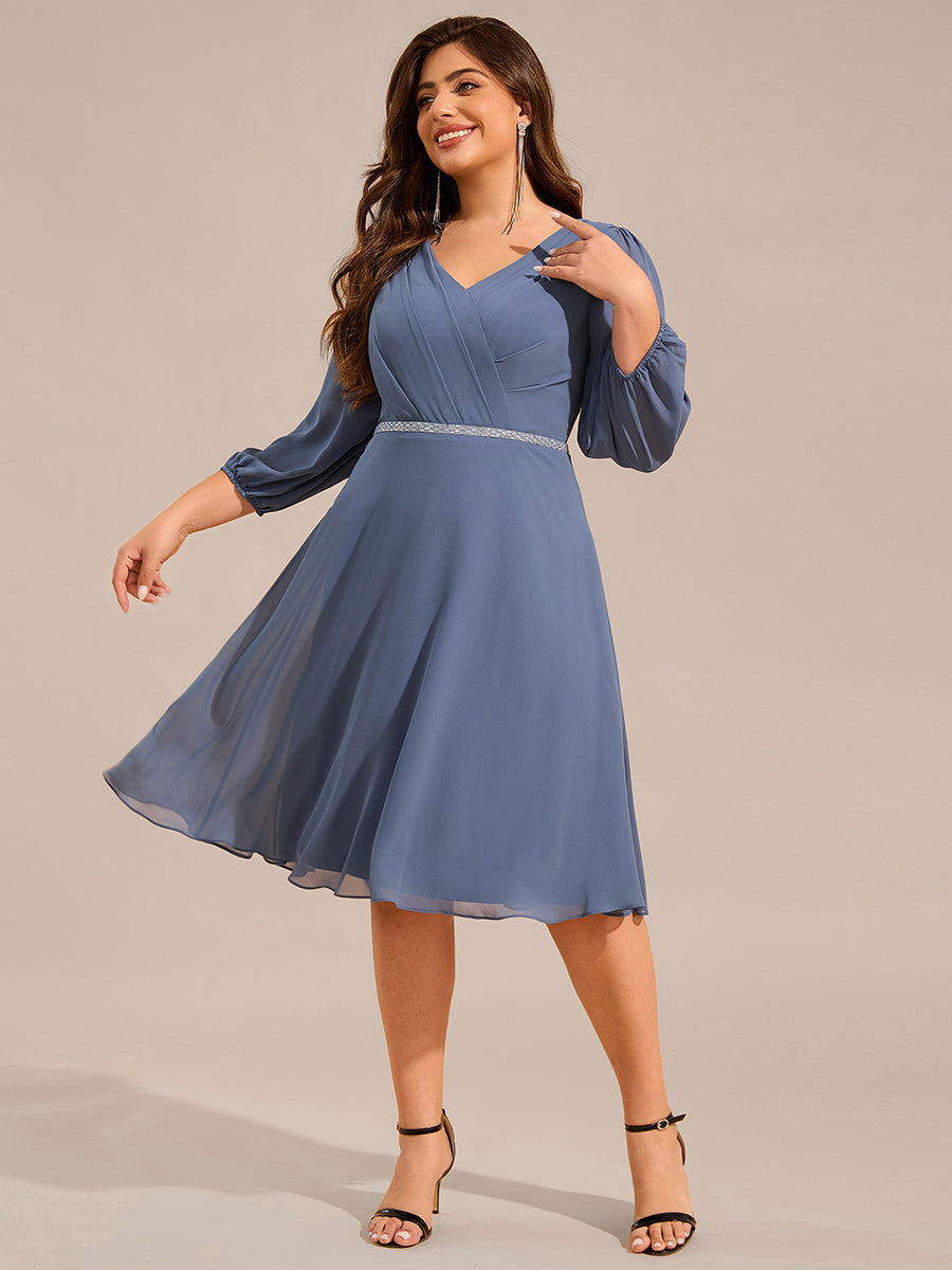 Color=Dusty Blue | Plus Size Elegant Midi Length Long Lantern Sleeves Chiffon Wedding Guest Dresses-Dusty Blue 4