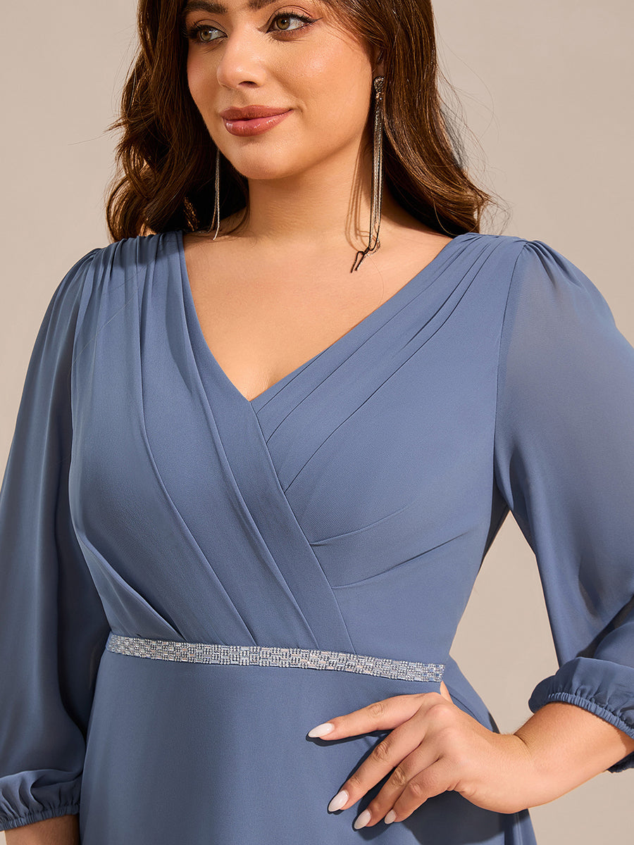 Color=Dusty Blue | Plus Size Elegant Midi Length Long Lantern Sleeves Chiffon Wedding Guest Dresses-Dusty Blue 5