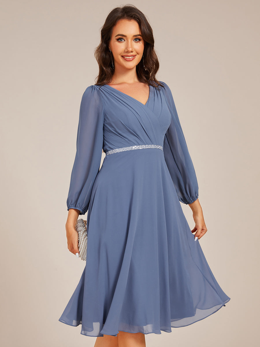 Color=Dusty Blue | Elegant Midi Length Long Lantern Sleeves Chiffon Wedding Guest Dresses-Dusty Blue 1